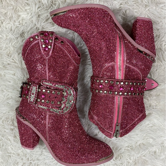 CLUB EXX Pink Sheriff Shine Rhinestone Cowboy Boots Ankle Booties Heeled Size 8 - Picture 5 of 13
